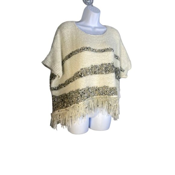 Anthropologie Moth Womens Crewneck Metallic Fringe Poncho Sweater Oversize Sz M - Picture 2 of 7